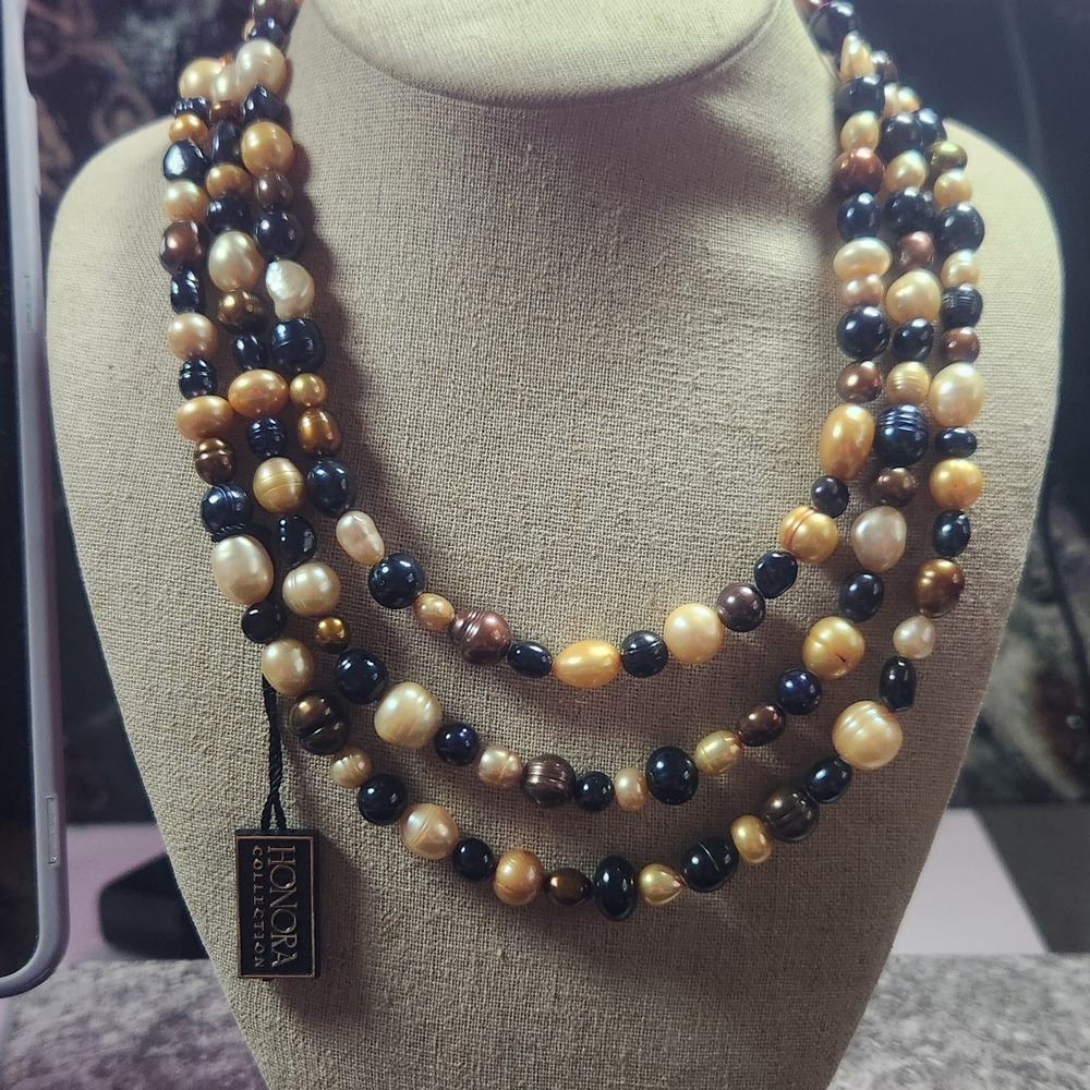 Honora Collection very long Freshwater Pearl Necklace Black Bronze Gold 56in